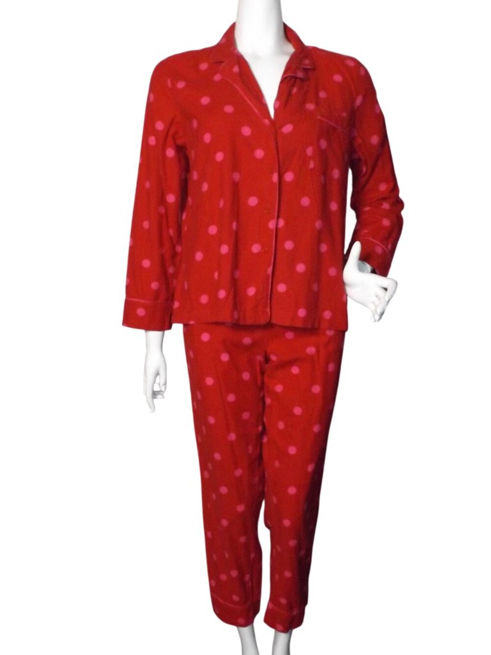 KATE SPADE Pajama Set, L, Flannel, Red/pink polka dots, 2 piece, Top & Pants